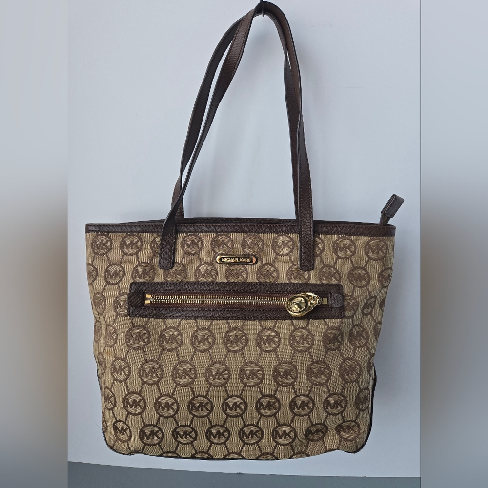 Michael Kors Kempton Tote Shoulder Bag Purse Signature MK Logo Leather T…
